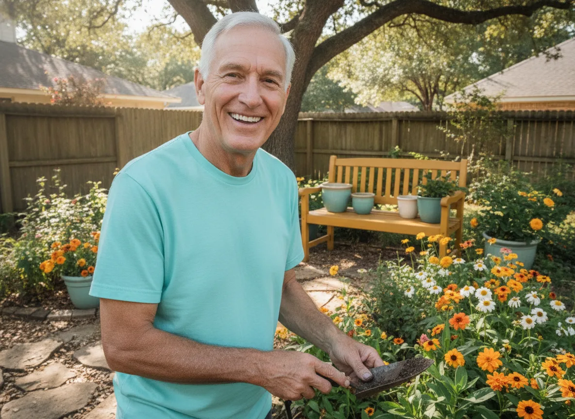 An older man smiling while gardening in his backyard