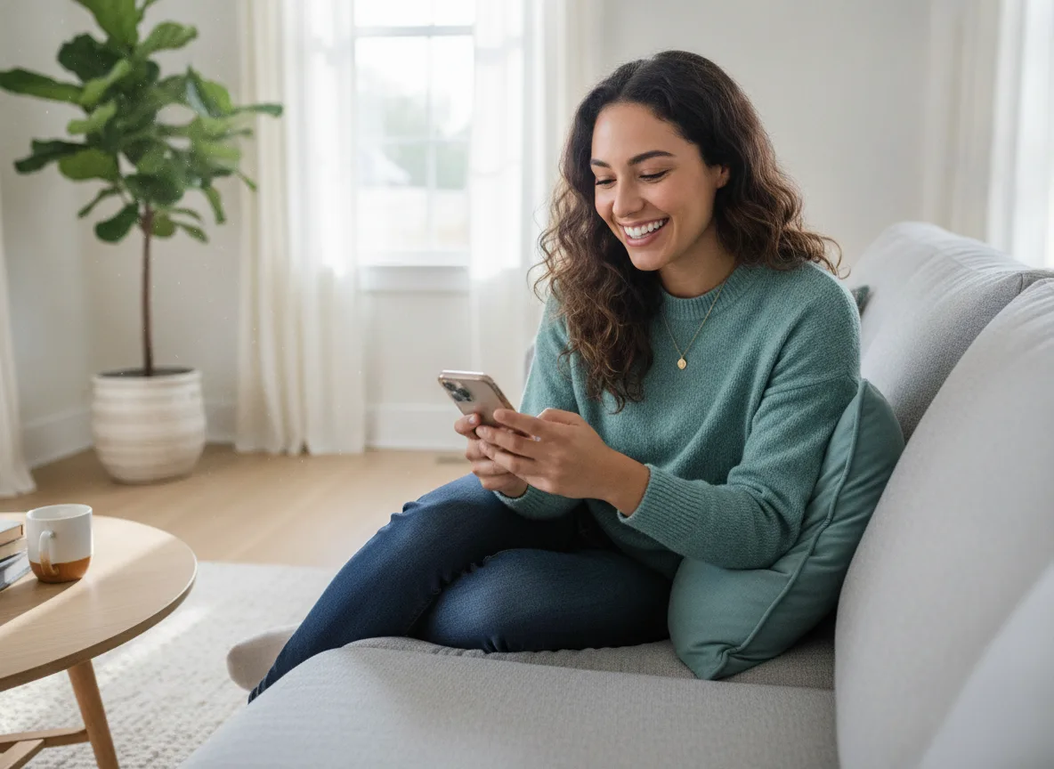 A woman smiling while looking at her phone on a sofa