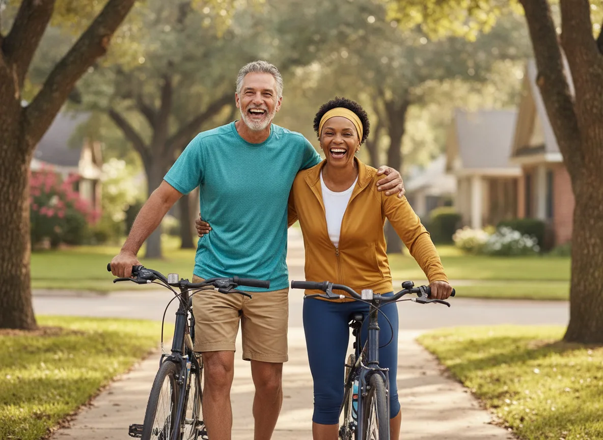 An older couple smiling while walking their bicycles outdoors