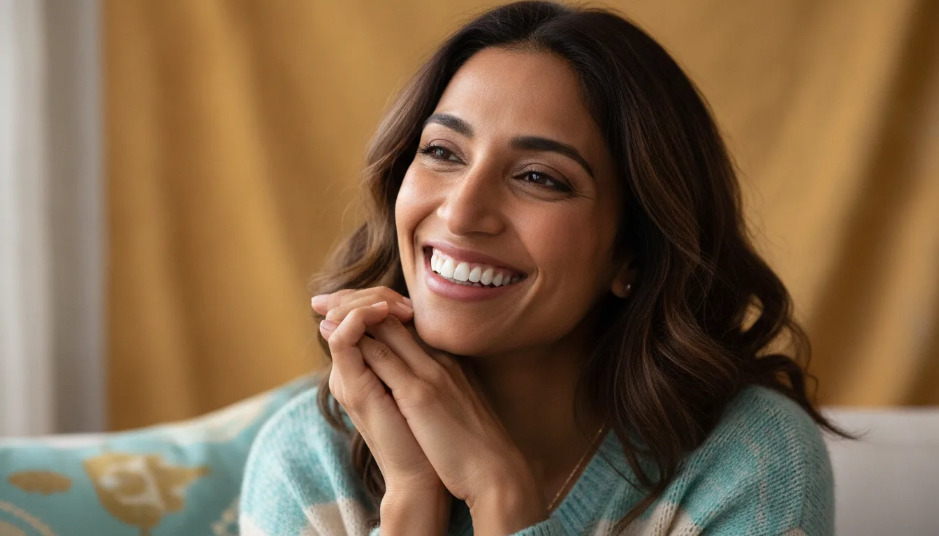 A smiling woman resting her chin on her hands
