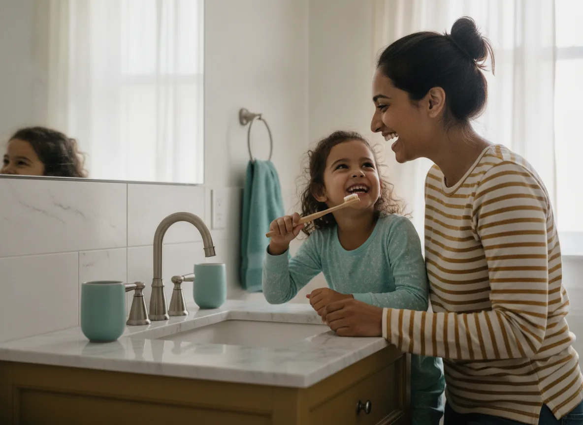 A mother and daughter brushing their teeth together, laughing