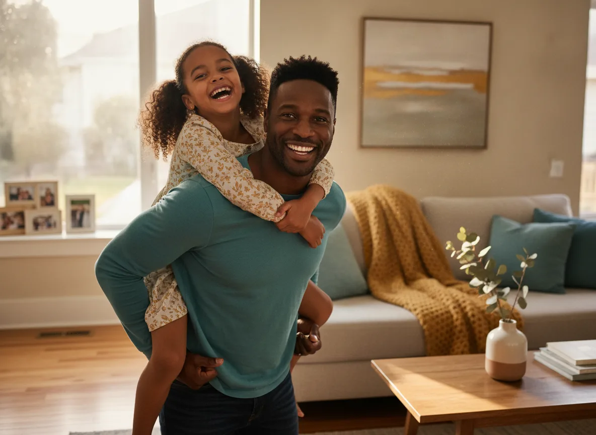 A father smiling while giving his laughing daughter a piggyback ride at home