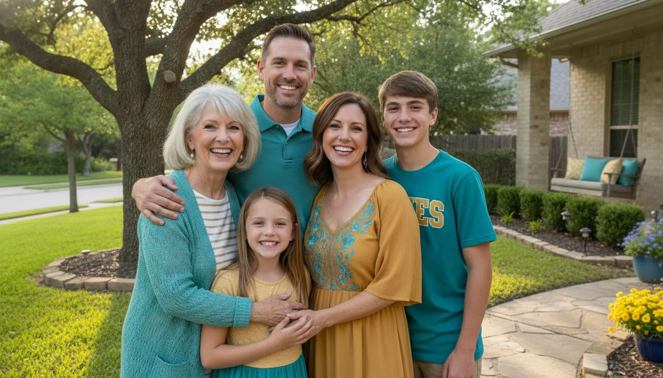 A multigenerational family smiling together in their front yard